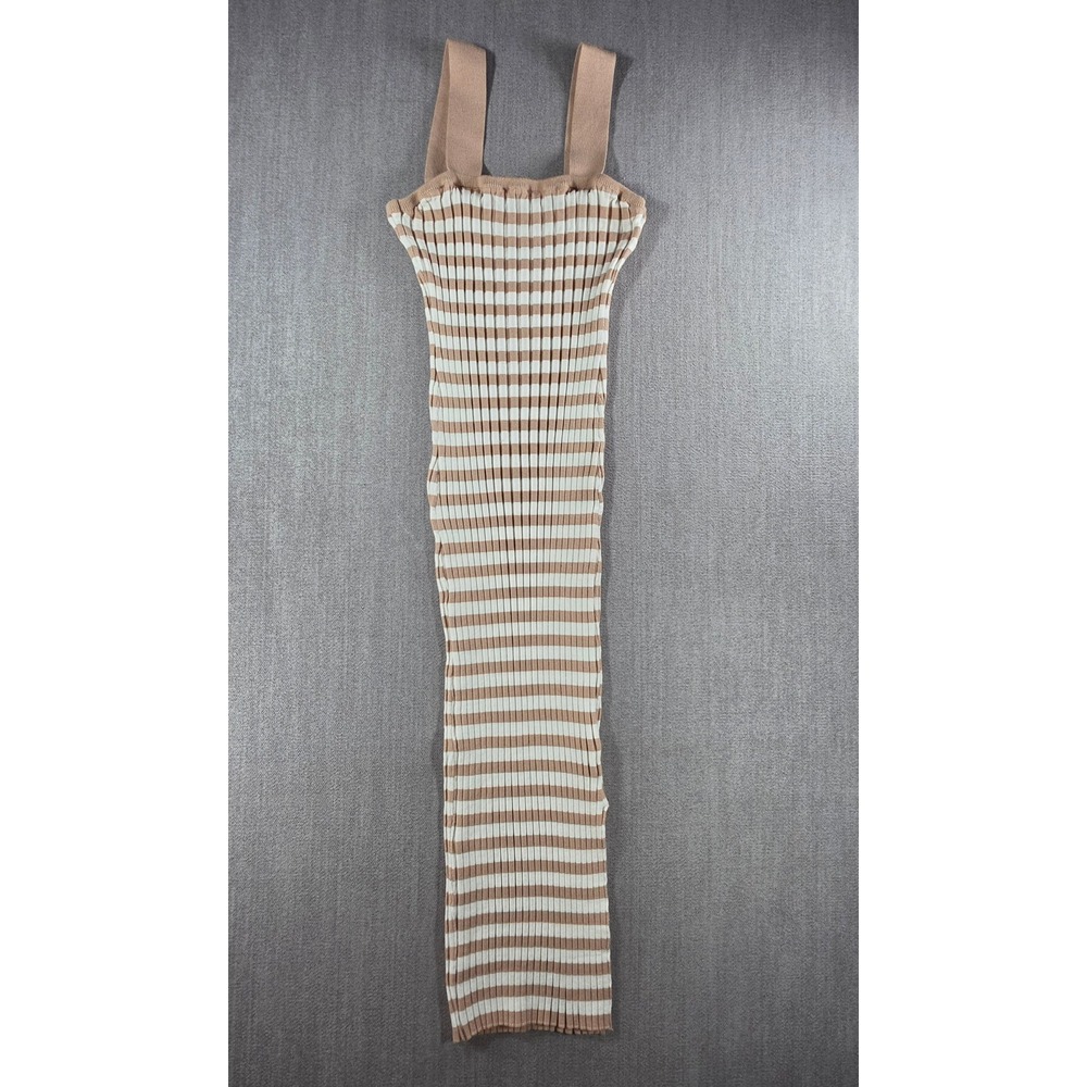 Merokeety Ribbed Knit Midi Dress Womens Large Tan White Striped Super Stretch